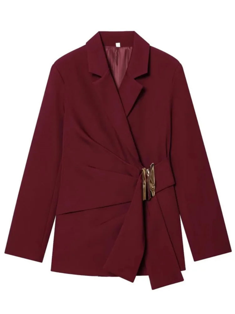 Women Asymmetric Buckle Blazer Elegant Wrap Suit Jacket Slim Waist Tailored Office Lady Workwear Fashion Blazer Coat