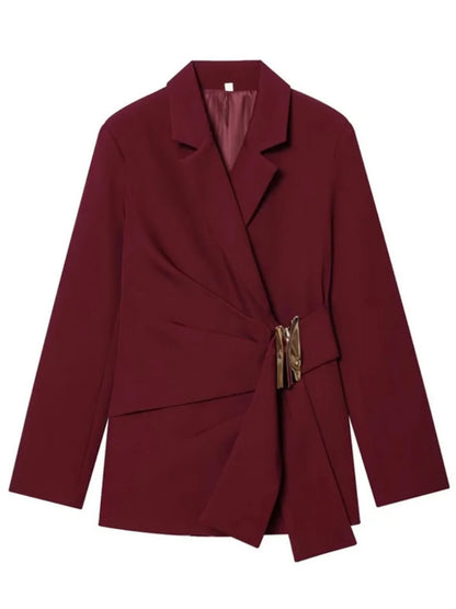 Women Asymmetric Buckle Blazer Elegant Wrap Suit Jacket Slim Waist Tailored Office Lady Workwear Fashion Blazer Coat