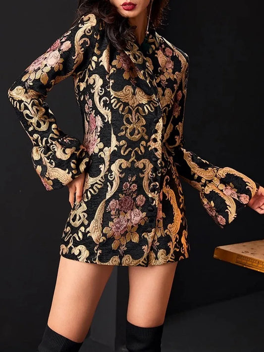 Vintage Women Slim Fit Single Breasted Floral Jacquard Long Blazer Jacket Stage Show Suit Coat Autumn New OL Party Outwear Coat