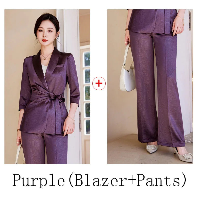 Designer Splicing Women Senior Luxurious Blazer Suit Pants Set Soft Satin Silk Office Lady Solid Coat Big Size Elegant Jacket