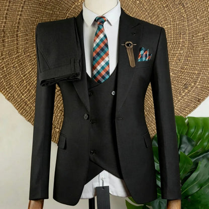Men Suit Brown 3 Piece Solid With Lapel For Wedding Groom Birthday Banquet Party Prom Business Office Work Jacket Vest Pants