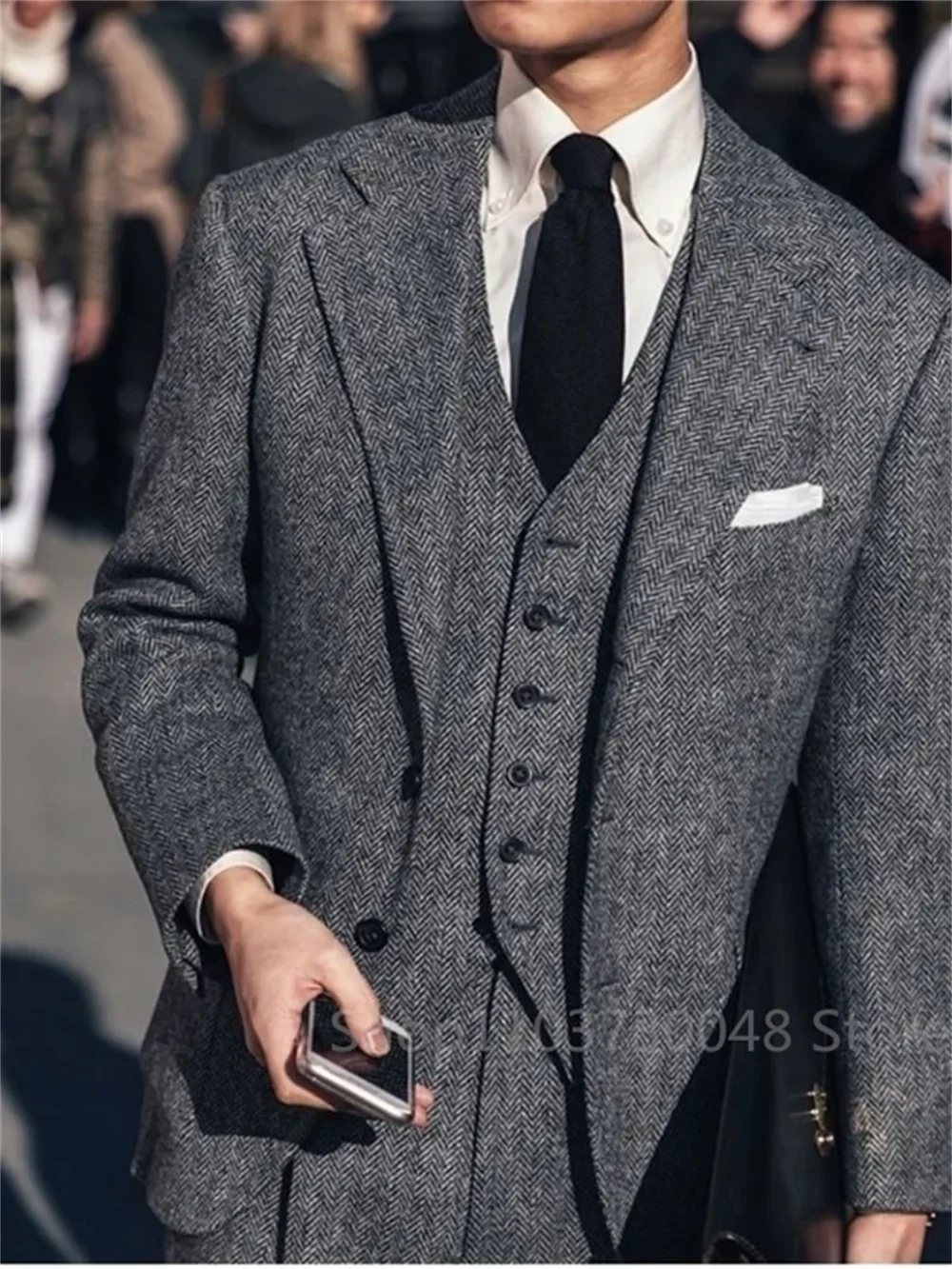 3 Piece Dark Grey Mens Tweed Herringbone Wedding Suits Slim Fit Prom Tuxedos Notch Lapel Blazer for Business