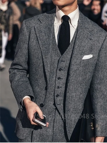 3 Piece Dark Grey Mens Tweed Herringbone Wedding Suits Slim Fit Prom Tuxedos Notch Lapel Blazer for Business