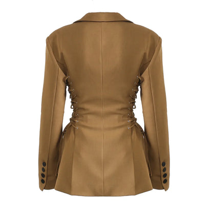 Spring Autumn New Women Blazer Notched Collar Single Button Lace-Up Waist Cinching Slim Fit Elegant Fashion Jackets HK13264