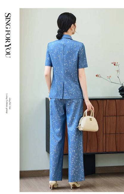 Fashion Blue Yellow Short Sleeve Professional Suit Women New Summer Elegant Formal Slim Blazer And Pants Office Ladies Work Wear