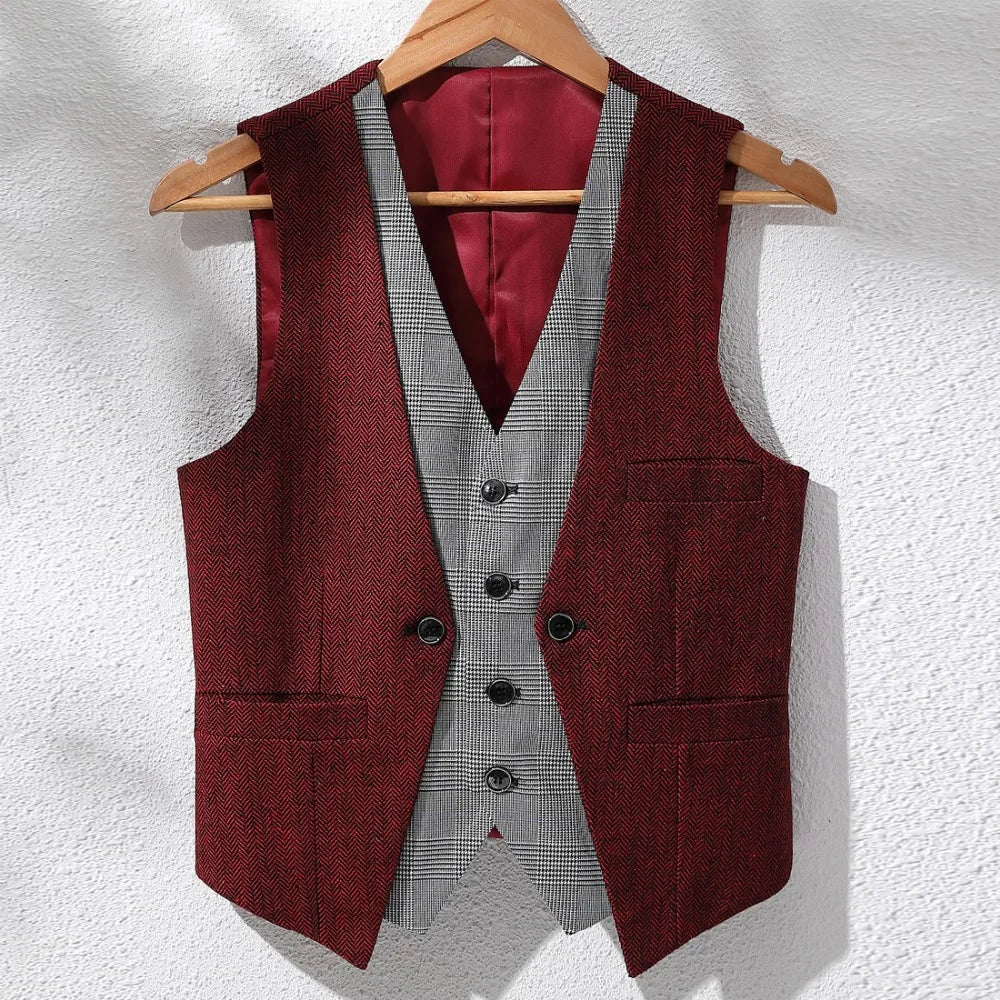 Men's Herringbone Vest – V-Neck Single Breasted Waistcoat for Weddings & Formal Events