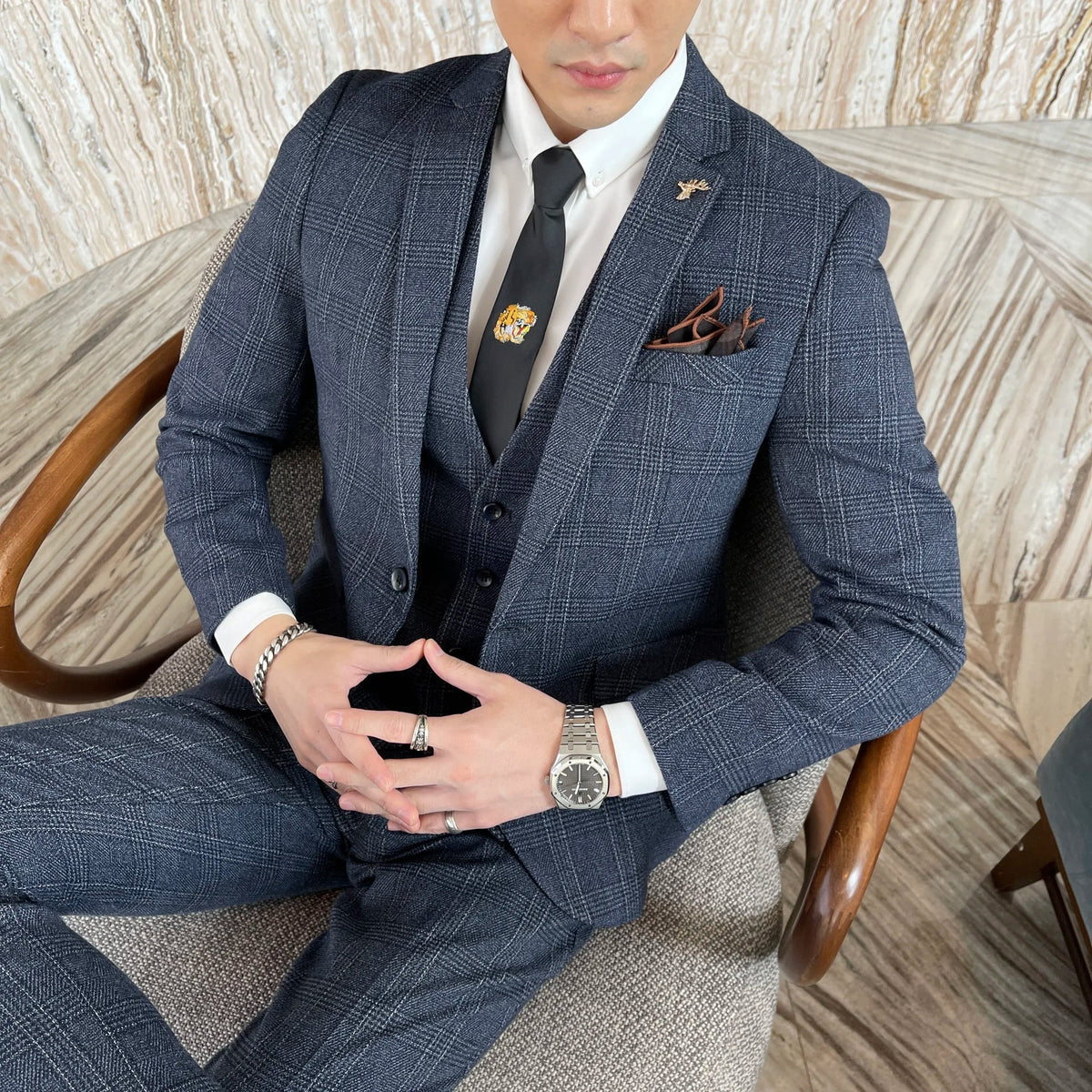 Ensemble costume trois pièces à carreaux modifié de haute qualité de style coréen britannique pour hommes - Gilet et pantalon de costume décontracté élégant