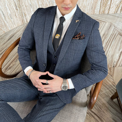 Ensemble costume trois pièces à carreaux modifié de haute qualité de style coréen britannique pour hommes - Gilet et pantalon de costume décontracté élégant