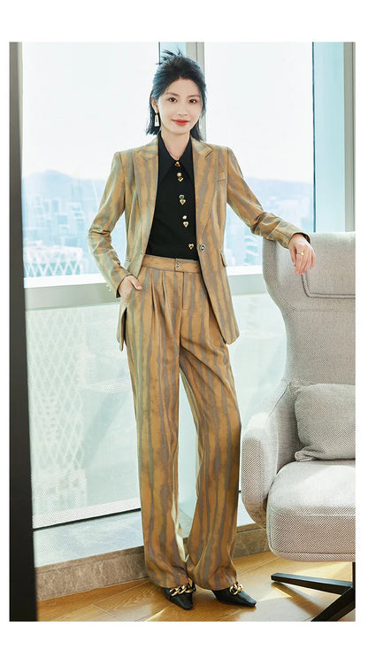 Fashion Autumn Winter Ladies Pant Suit Women Striped Female Business Work Wear Jacket Blazer and Trouser Formal 2 Piece Set