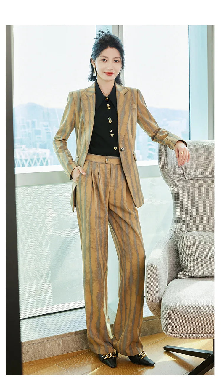 Fashion Autumn Winter Ladies Pant Suit Women Striped Female Business Work Wear Jacket Blazer and Trouser Formal 2 Piece Set