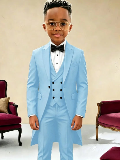 New Boys Long Jacket Vest Pants 3 Pieces Suits Piano Performance Wear Classy Peak Lapel Kid Slim Fit Suit Set For Wedding