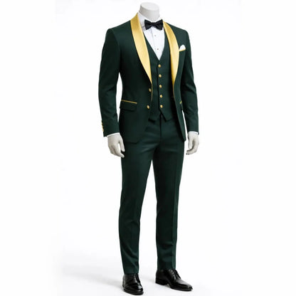 Men Suit Dark Green 3 Piece With Gold Lapel Single Button For Wedding Birthday Banquet Party Business Work Jacket Vest Pants