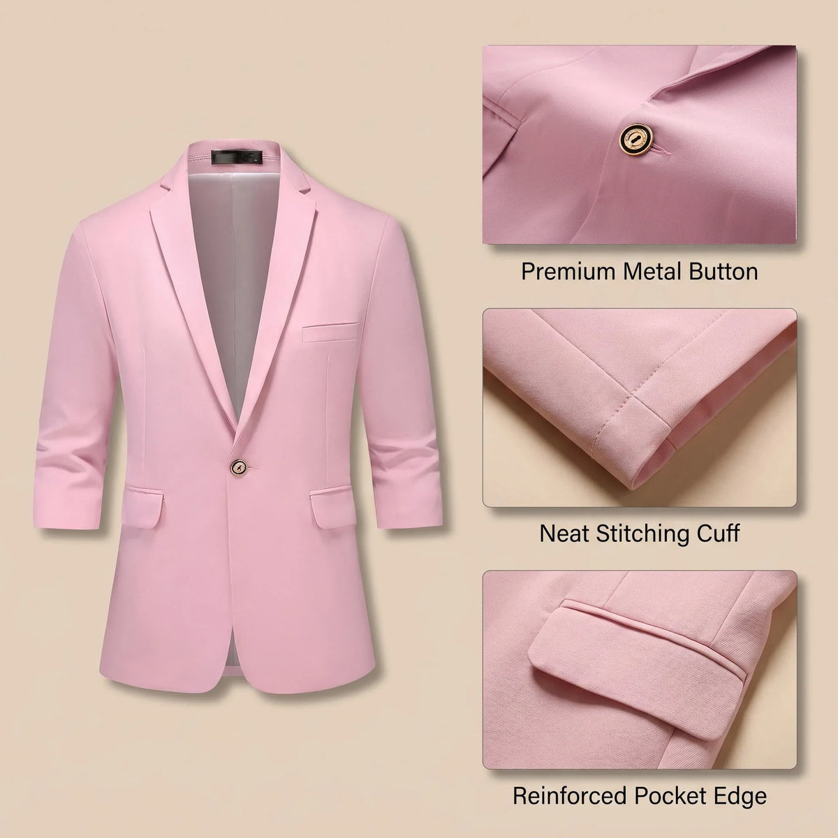 Men's Casual Seven-Quarter Sleeve Pink Suit Summer Leisure Fashionable Top with Pants Included
