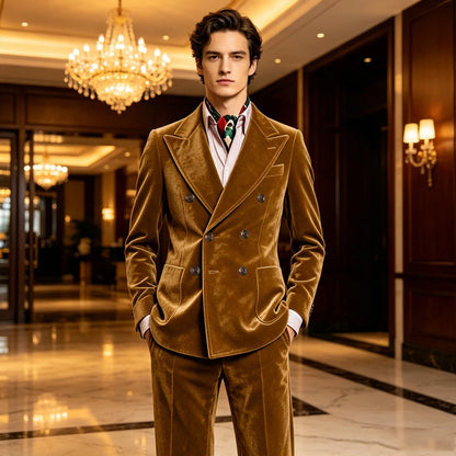 Men's Velvet Suit 2 Piece Double Breasted Peak Lapel Blazer & Straight Leg Pants for Formal & Wedding
