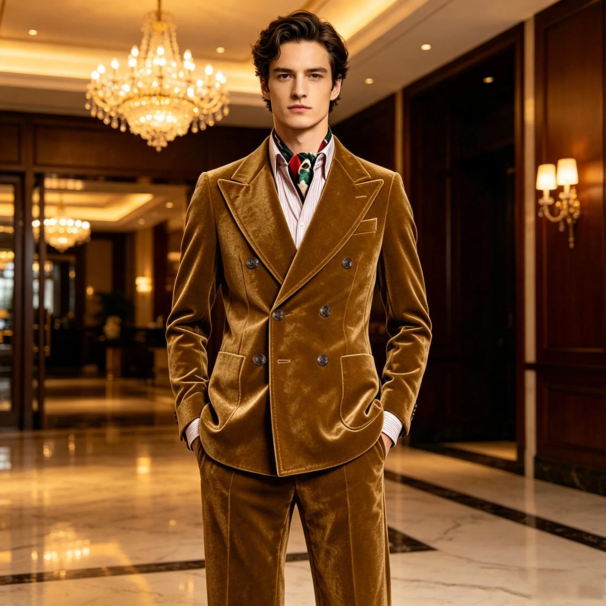 Men's Velvet Suit 2 Piece Double Breasted Peak Lapel Blazer & Straight Leg Pants for Formal & Wedding