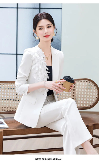 Spring Fashion Office Ladies Blazer and Pants Suit Formal Solid Color Women Jacket Trouser Women Business Work Wear 2 Piece Set