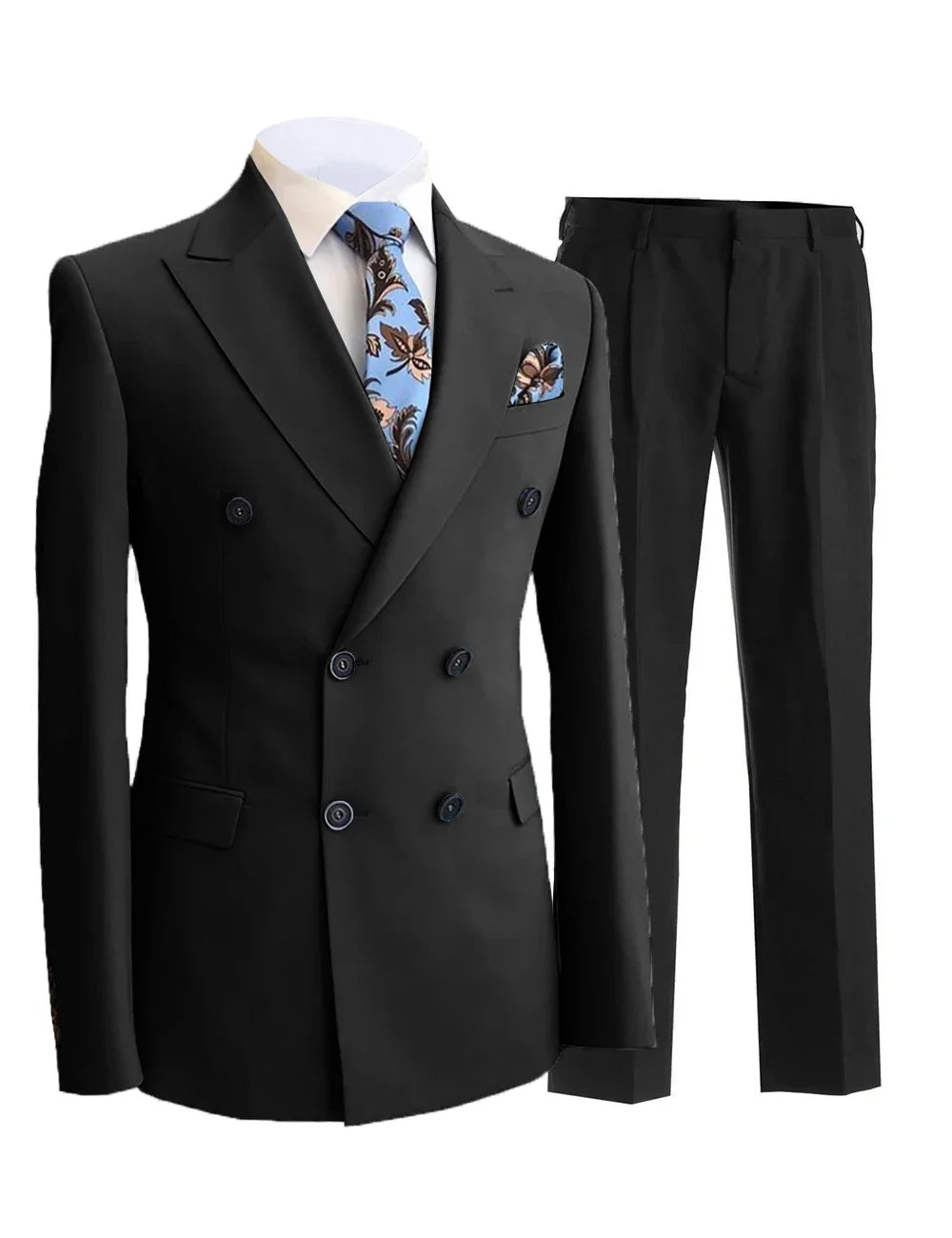 Men Suit 2 Pieces White Double Breasted Peak Lapel Formal For Wedding Groom Banquet Party Business Work Jacket And Black Pants