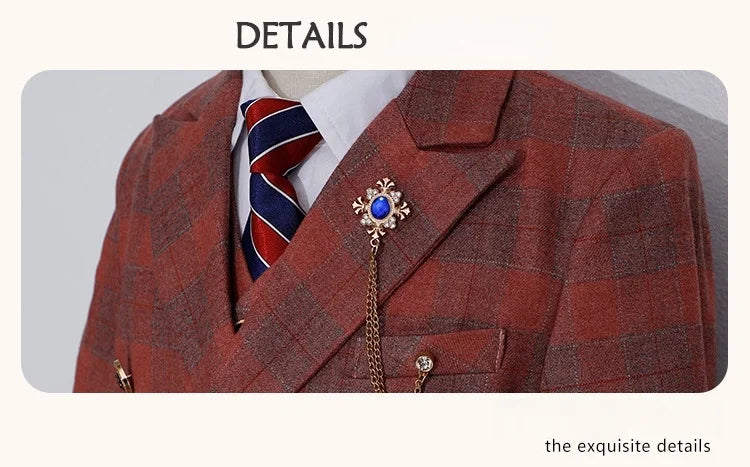 Boys Formal Wedding Birthday Prom Suit Set With Jacket Vest Pants Tie Brooch Children's Piano Host Speech Performance Costume