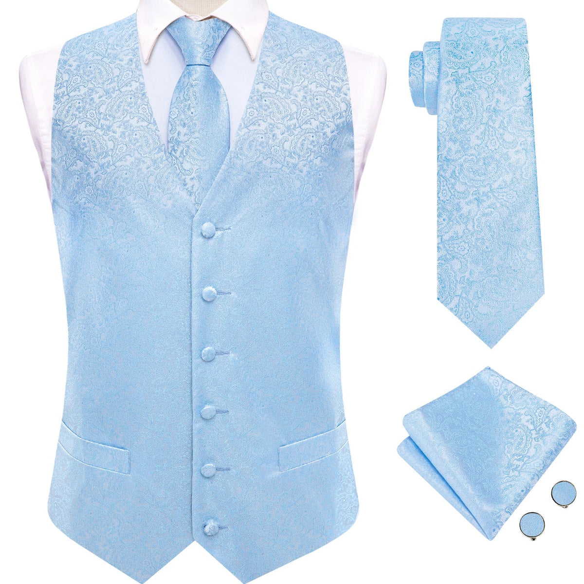 Men's Waistcoat Floral Paisley Vest with Tie Hanky Cufflinks Set for Wedding and Business