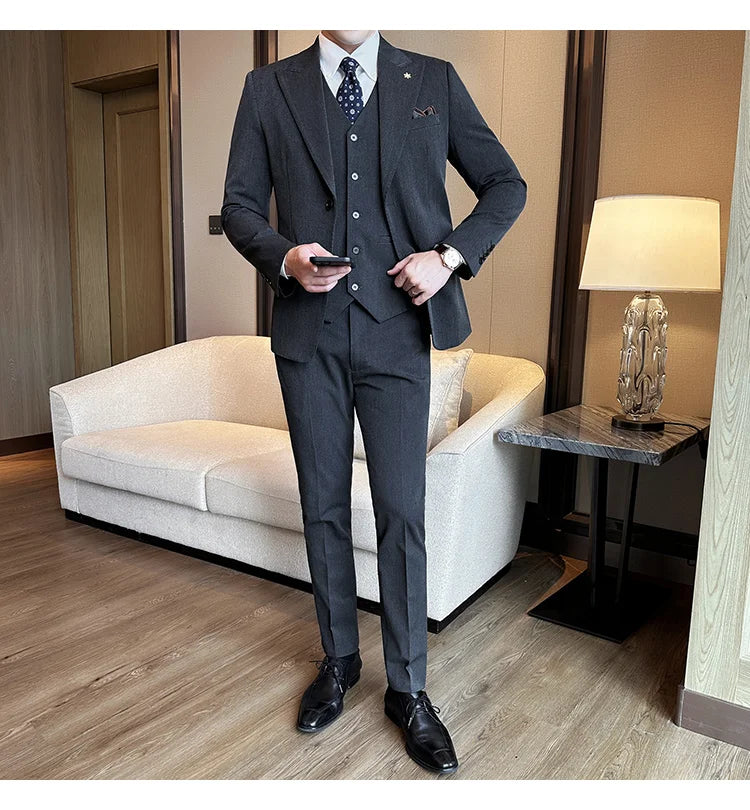 (Blazer + Vest + Trousers) 2024 New Men Formal Business Solid Suit 3 Pieces Set Italian Style Luxury Wedding Social Party Tuxedo