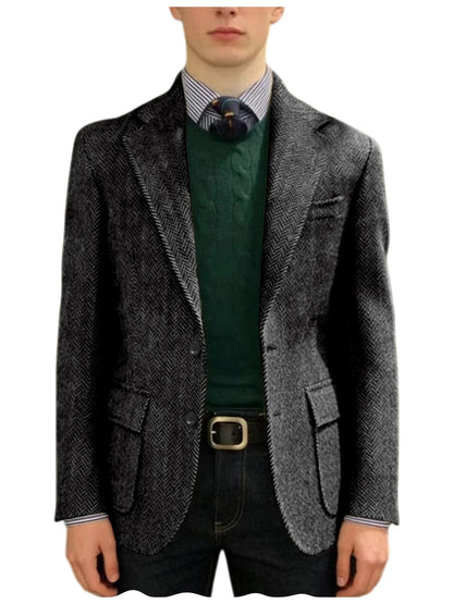 Men's Herringbone Tweed Blazer Classic Fit 2-Button Notch Lapel Flap Pockets Suit Jacket Casual Daily Business Men Sport Coat