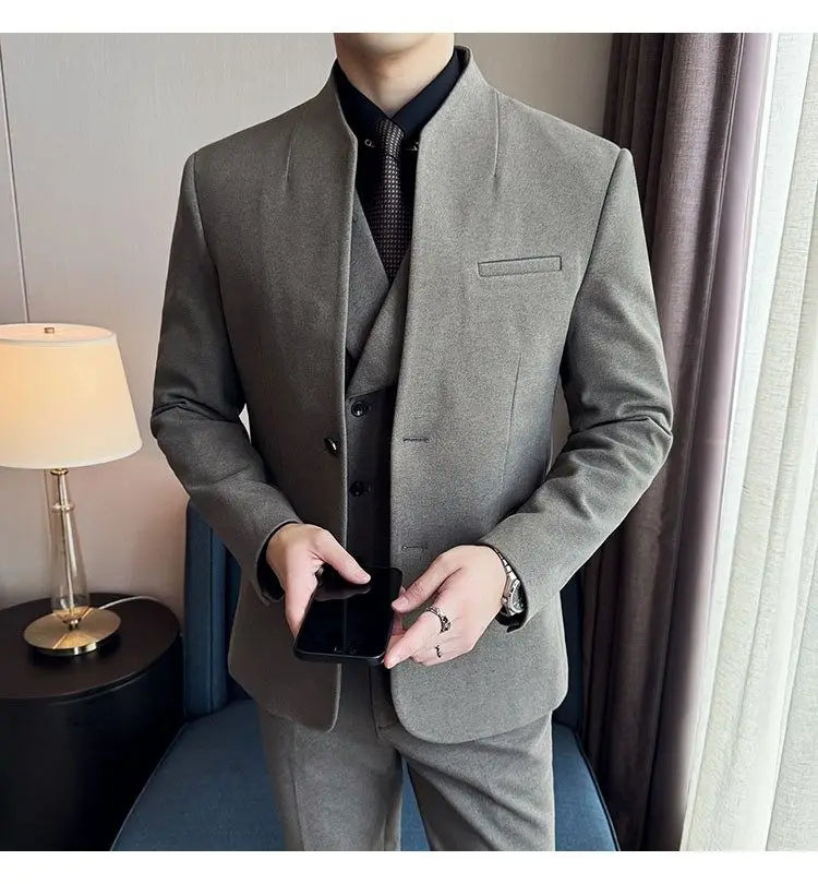 Men's 3-Piece Slim Fit Stand Collar Suit – Wedding, Prom & Office Formal Set