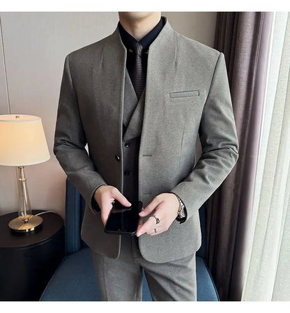 Men's 3-Piece Slim Fit Stand Collar Suit – Wedding, Prom & Office Formal Set