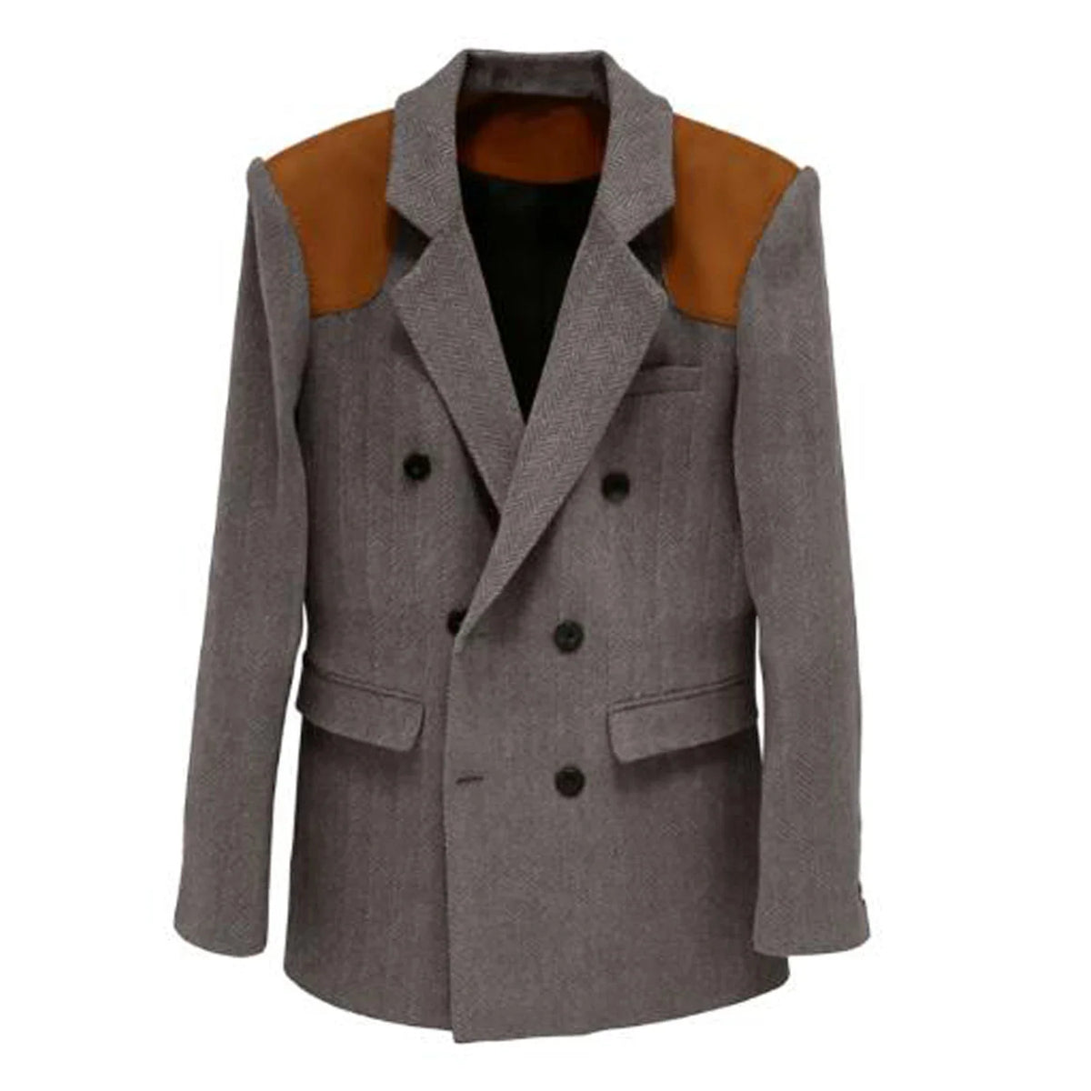 Men's Vintage Herringbone Blazer Contrast Shoulder Patches Double Breasted Wool Blend Suit Jacket Slim Fit Casual Business Coat
