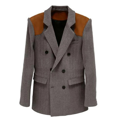 Men's Vintage Herringbone Blazer Contrast Shoulder Patches Double Breasted Wool Blend Suit Jacket Slim Fit Casual Business Coat