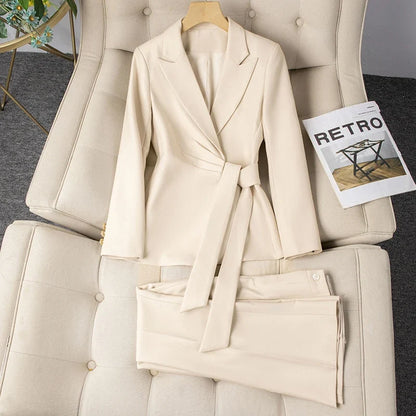 Autumn Winter New Women's Blazer Suit Trousers Two Piece Outfit 2025 New Fashion Lace Up Jacket and Pant Sets Office Wear