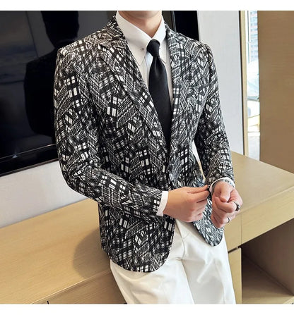 Korean Slim Fit Casual Suit Jacket for Men Fashion Camouflage Business Social Blazers Wedding Streetwear Dress Coat Men Clothing