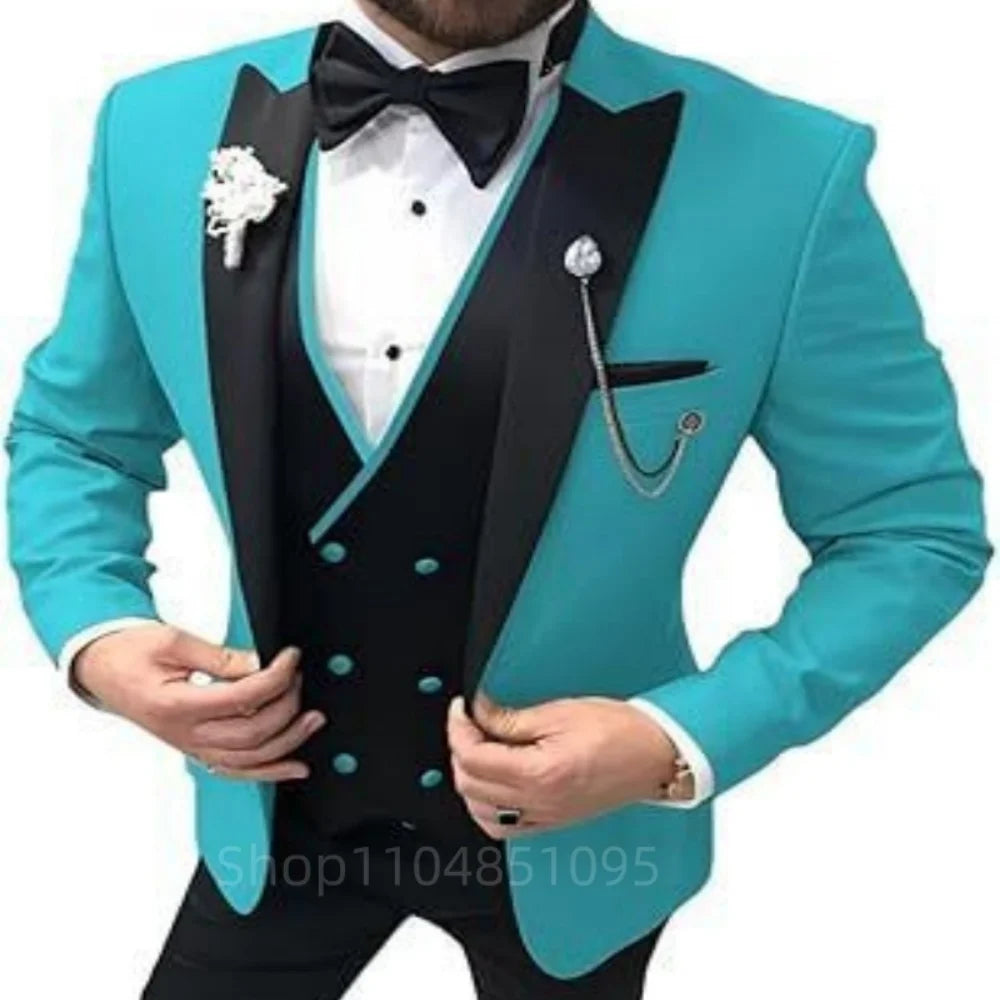 3 Piece Wedding Suits for Men Peak Lapel Single Breasted Tuxedo Jacket Vest Pant Groom Business Fashion Party Set
