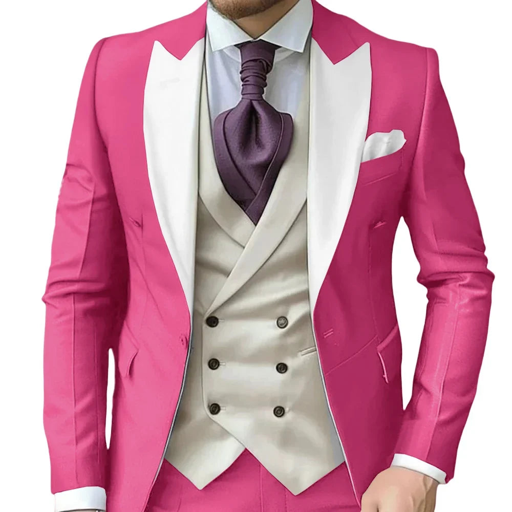 Fashionable Contrast Color Men's Suits 3 Pieces Jacket Vest Pants Dancing Sets Handsome Peak  Lapel Suit Set For Men Party Wear