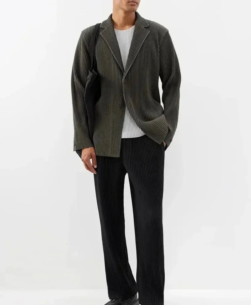 Miyake Pleated Men's Blazer Jacket Japanese Style Slim Fit Suit Coat Stretch Business Casual Office Fashion Luxury Wrinkle Free