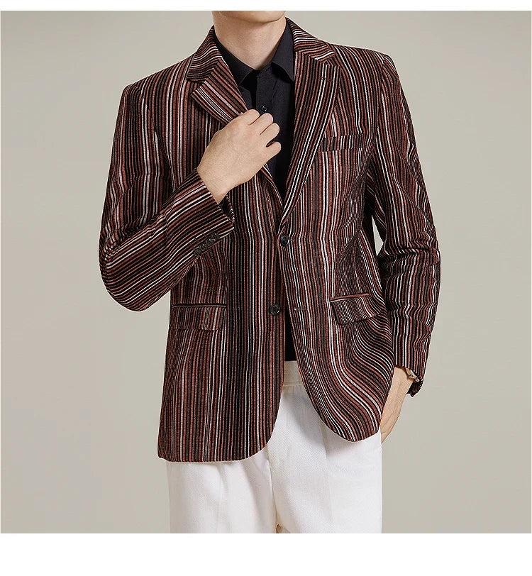 2025 Autumn Winter Velvet Striped Fashion Casual Suit Jacket Slim Fit Versatile Business Blazers Social Wedding Groom Dress Coat