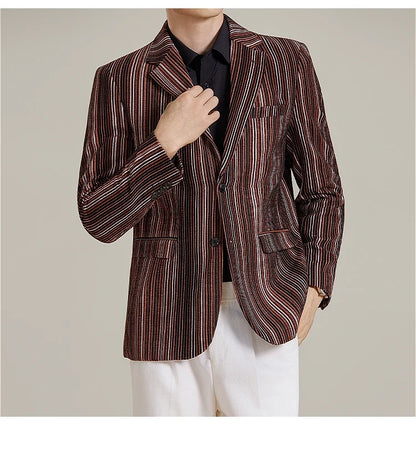 2025 Autumn Winter Velvet Striped Fashion Casual Suit Jacket Slim Fit Versatile Business Blazers Social Wedding Groom Dress Coat