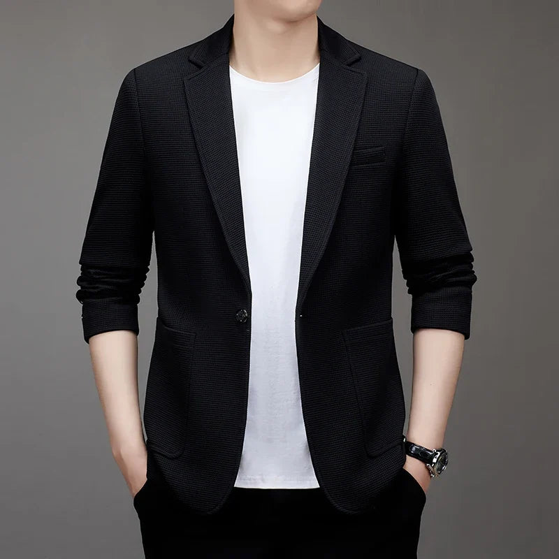 New men's suit jacket with non-stretch flat collar, waffle pattern, for business casual and fitted formal wear.