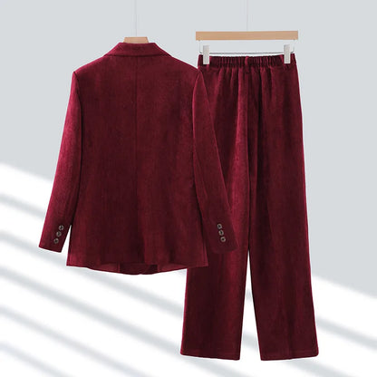 Pleuche Women Suits Office Sets 2024 Autumn New Fashion Notched Double Breasted Blazers Vintage Casual Wide Leg Pants Suits