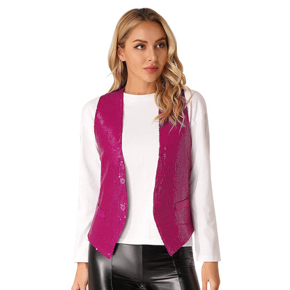 Fashion Women Sleeveless Vests Glittery Sequins Vest Music Festival Clubwear Waistcoat for Jazz Dancing Party Club Costumes