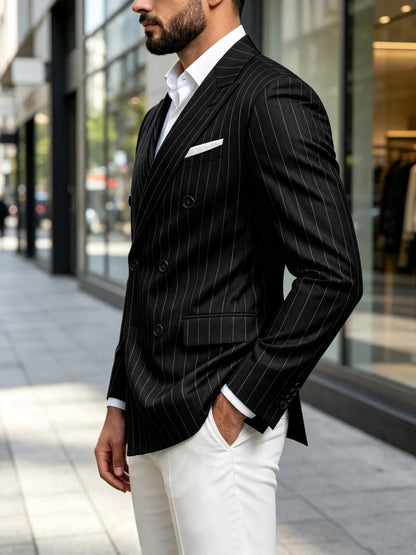 Men Striped Double Breasted Suit Jacket Notch Lapel Business Slim Fit Formal Blazer Elegant Lightweight Dress Coat For Prom Work