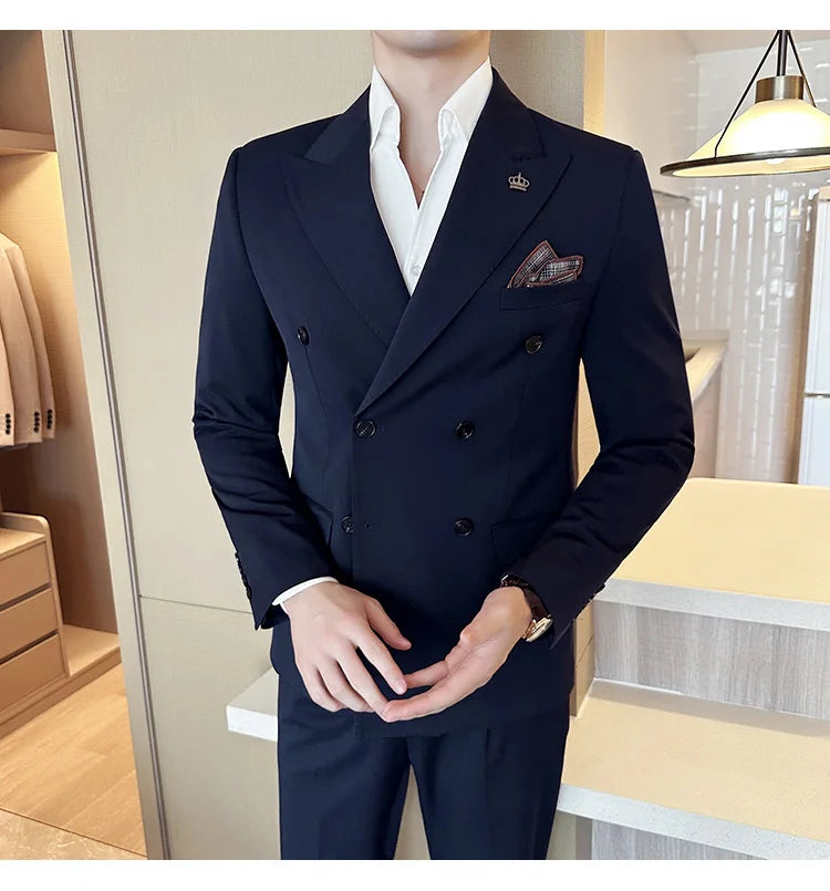 (Blazer + Trousers) Fashion Double Breasted Design Slim Men's Suit Italian Style Luxury Wedding Social Party Tuxedo 2 Piece Set