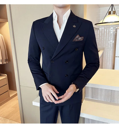 (Blazer + Trousers) Fashion Double Breasted Design Slim Men's Suit Italian Style Luxury Wedding Social Party Tuxedo 2 Piece Set