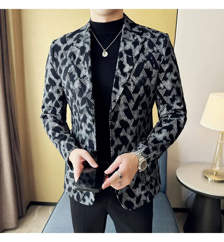 Jacquard Denim Korean Slim Fit Suit Coats 2025 New High Qualitys Fashion Men Slim Fit Business Formal Social Suit Jacket 4XL-M
