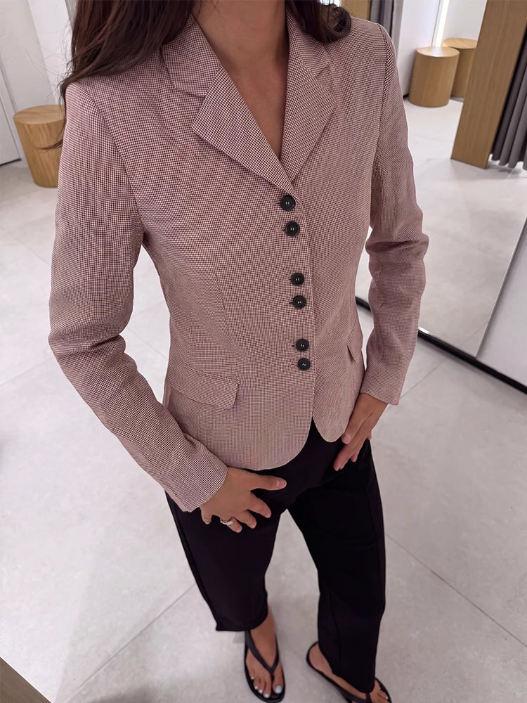 Casual Women Houndstooth Linen Blazer 2026 Spring Autumn Elegant Female Long Sleeves Lapel Collar Office Slim Suit Outerwear