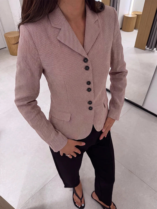 Casual Women Houndstooth Linen Blazer 2026 Spring Autumn Elegant Female Long Sleeves Lapel Collar Office Slim Suit Outerwear