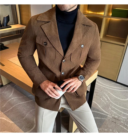Autumn Winter Corduroy Medium Long Hunting Jacket Men's Fashion Thick Suit Jacket Casual Business Blazers Social Streetwear 2025