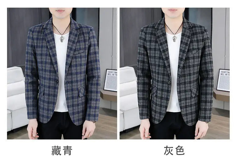 Men's Smart Casual Plaid Blazer – Single Breasted, Slim Fit, Spring Autumn
