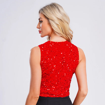 Women V-neck Sequins Vests Fashion Waistcoat Sleeveless Vest Party Tops Clubwear Lady Nightclub Disco Music Festival Outfit