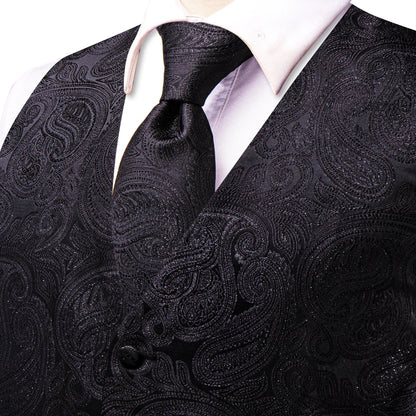 Men's Vest Tie Hanky Cufflinks Set – Wine Black Paisley Jacquard for Weddings & Formal Events