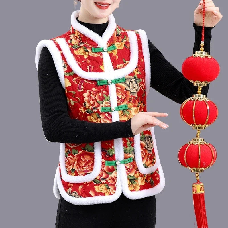 Middle-aged Mother Add Velvet Warm Vest Coat Autumn Winter New Printed Fleece Sleeveless Jacket Grandma Thicken Warm Waistcoat
